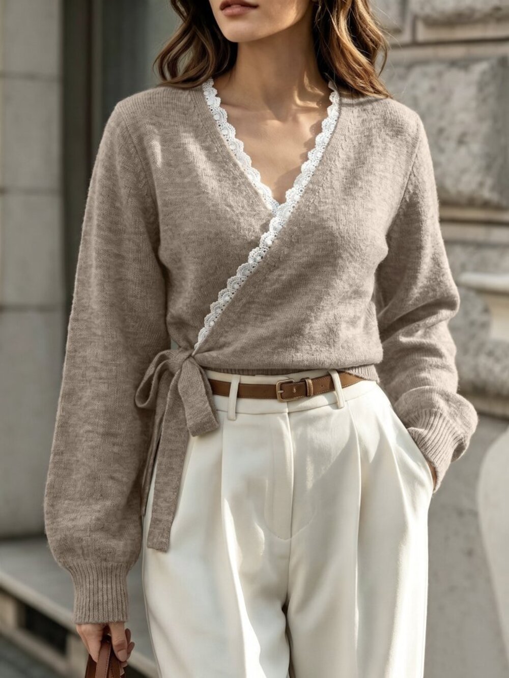 Khaki Casual Women's Elegant Wrap-Style Cropped Sweater With Criss-Cross V-Neck - Picture 5 of 6